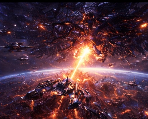 Earth overshadowed by the alien fleet as the last defense forces gather for the final battle